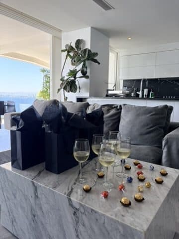 A marble table laid for breakfast